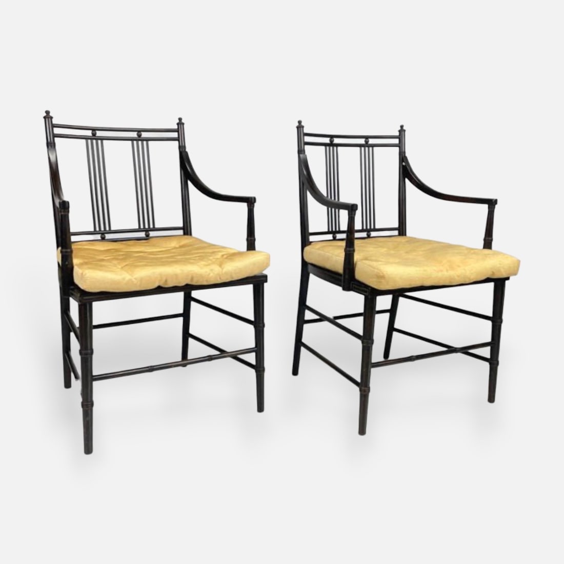 Pair Modern 20thC English Regency Faux Bamboo Cane Seat Stained Wood Armchairs (1 of 8)