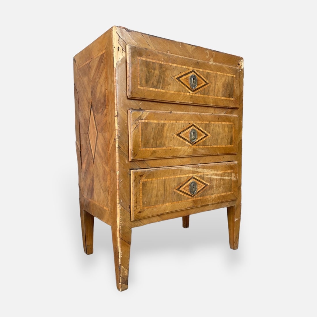 Antique 19thC French Walnut Marquetry Louis XVI Style Three-Drawer Commode Wood Bedside Stand (1 of 10)