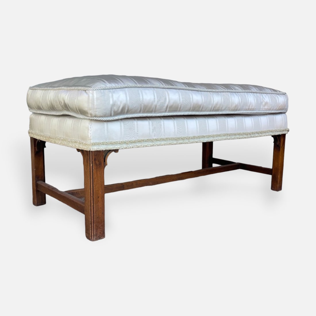Early 20th Century Striped Upholstered Chippendale Walnut Wood Window Seat Bench (1 of 9)