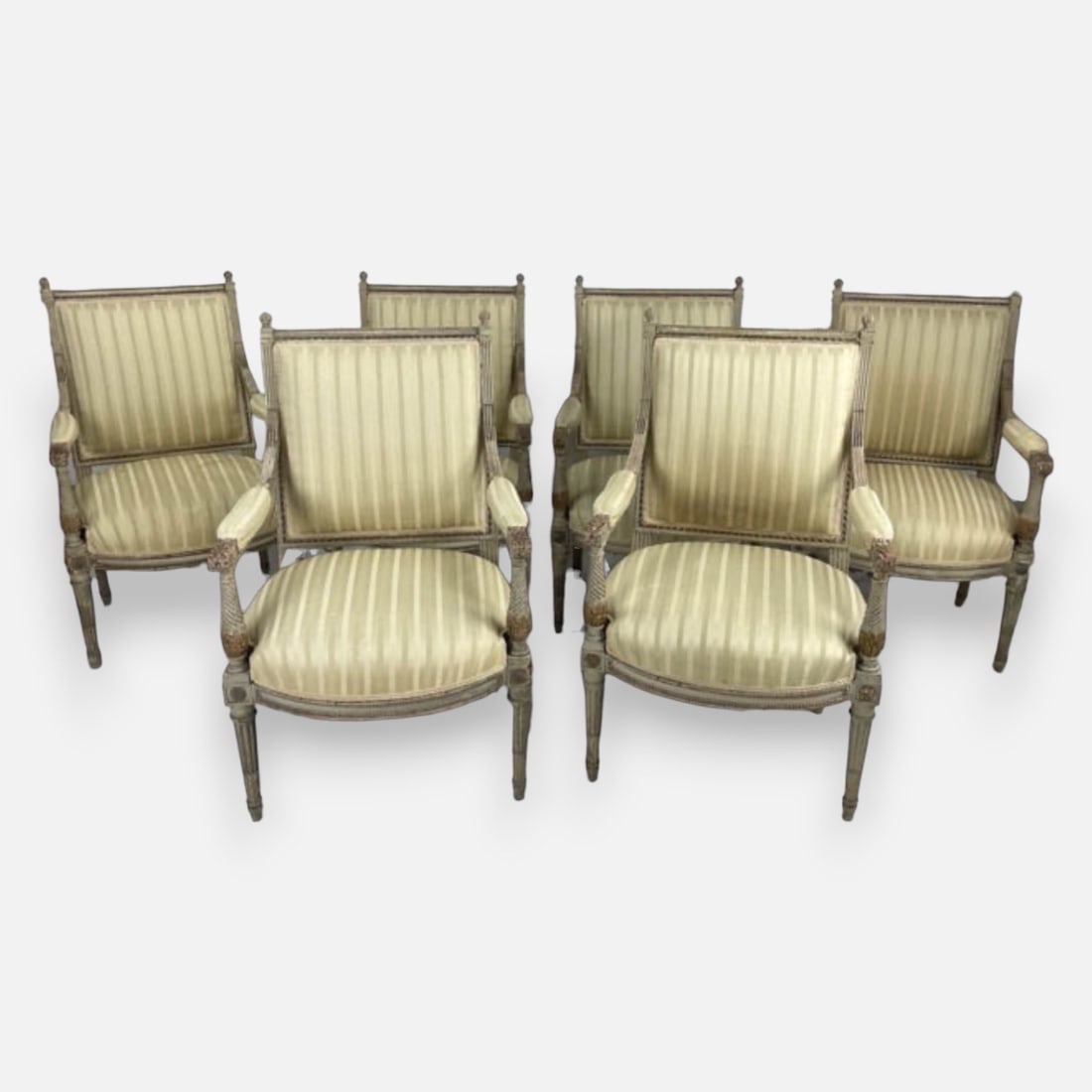 Six High Quality Antique 19thC French Louis XVI Hand Carved & Painted Armchairs w/Silk Upholstery (1 of 12)