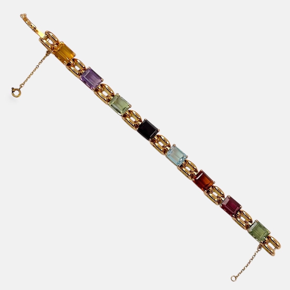 Fine Vintage Mid-Century 14K Yellow Gold and Multi-Colored Gemstone Alternating Link Bracelet (1 of 6)