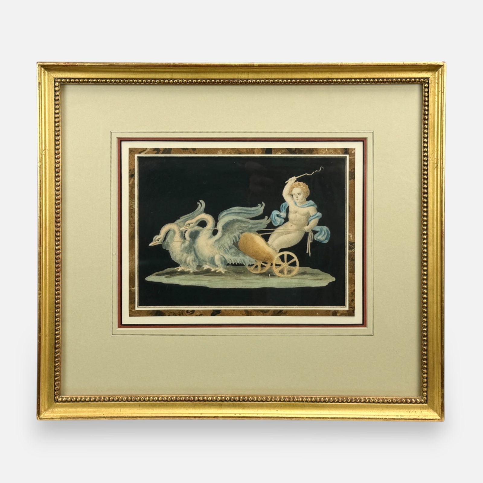 Antique Hand Colored Etching Framed Print Cupid on Swan Drawn Chariot (1 of 4)