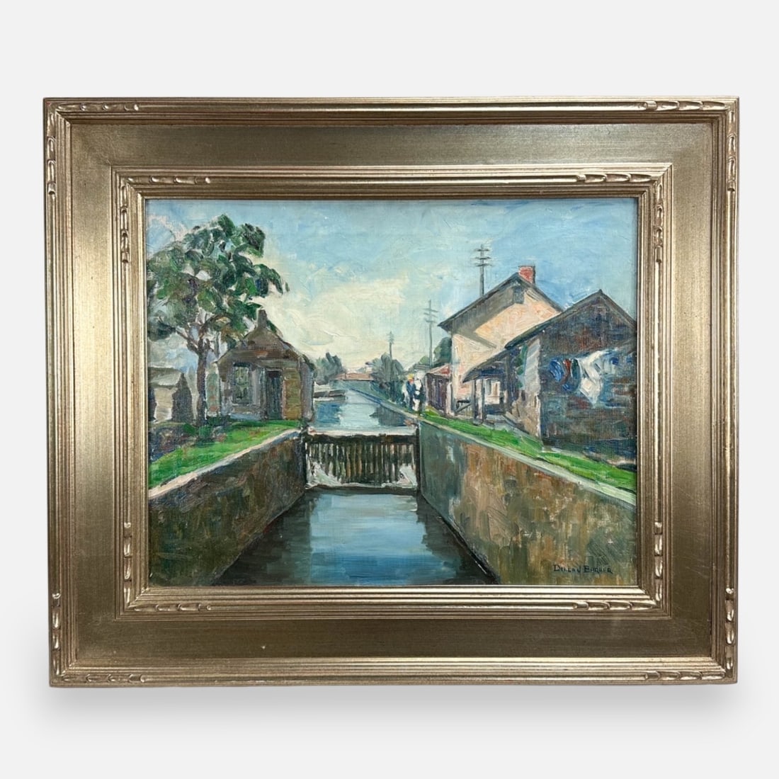 Della J. Barber Impressionist Oil on Canvas Framed Painting of a Canal w/Houses (1 of 6)