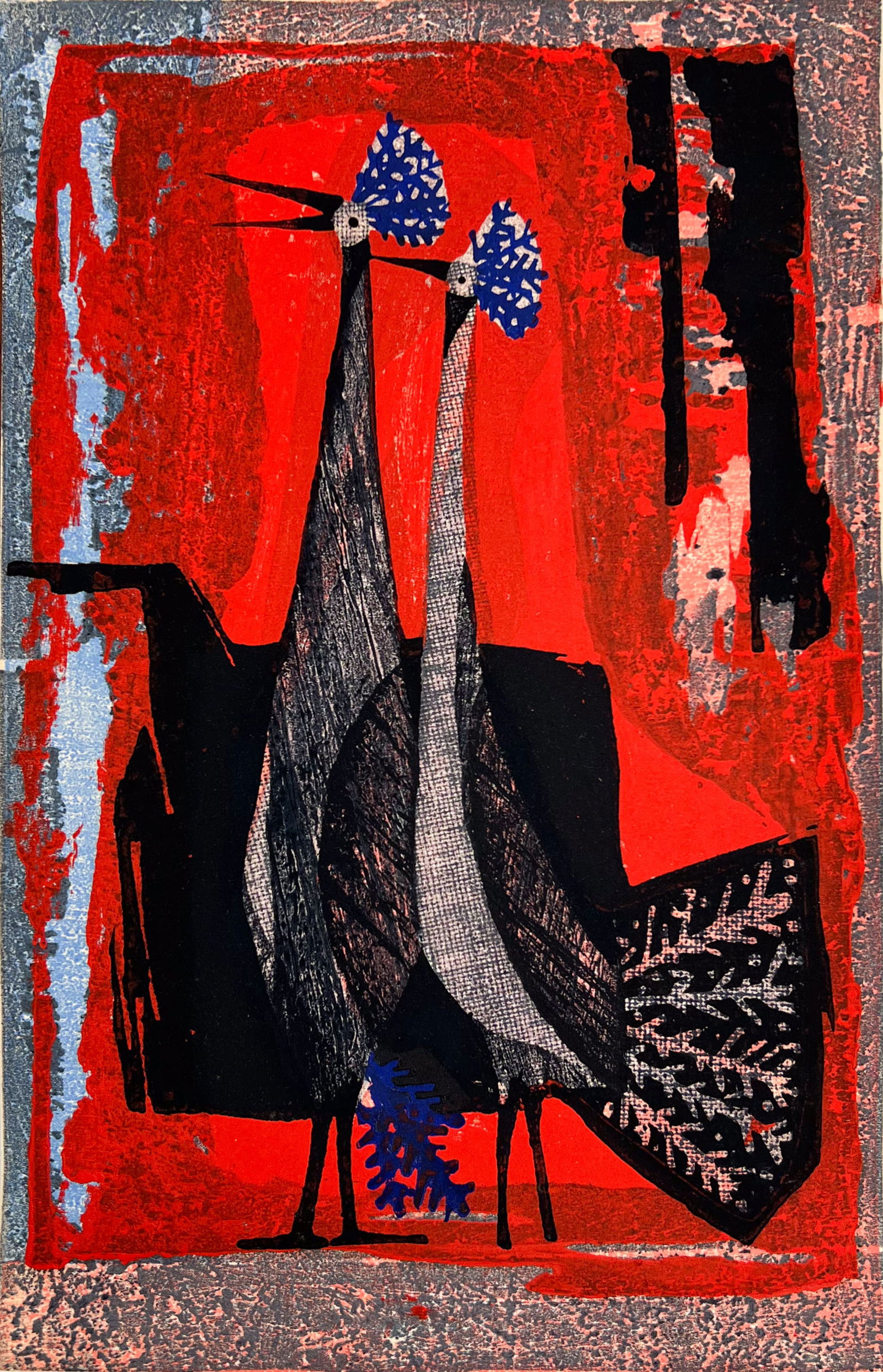 Shima Tamami  "Abek" Japanese MCM Modern Woodblock Print Two Bird Peacocks (1 of 4)