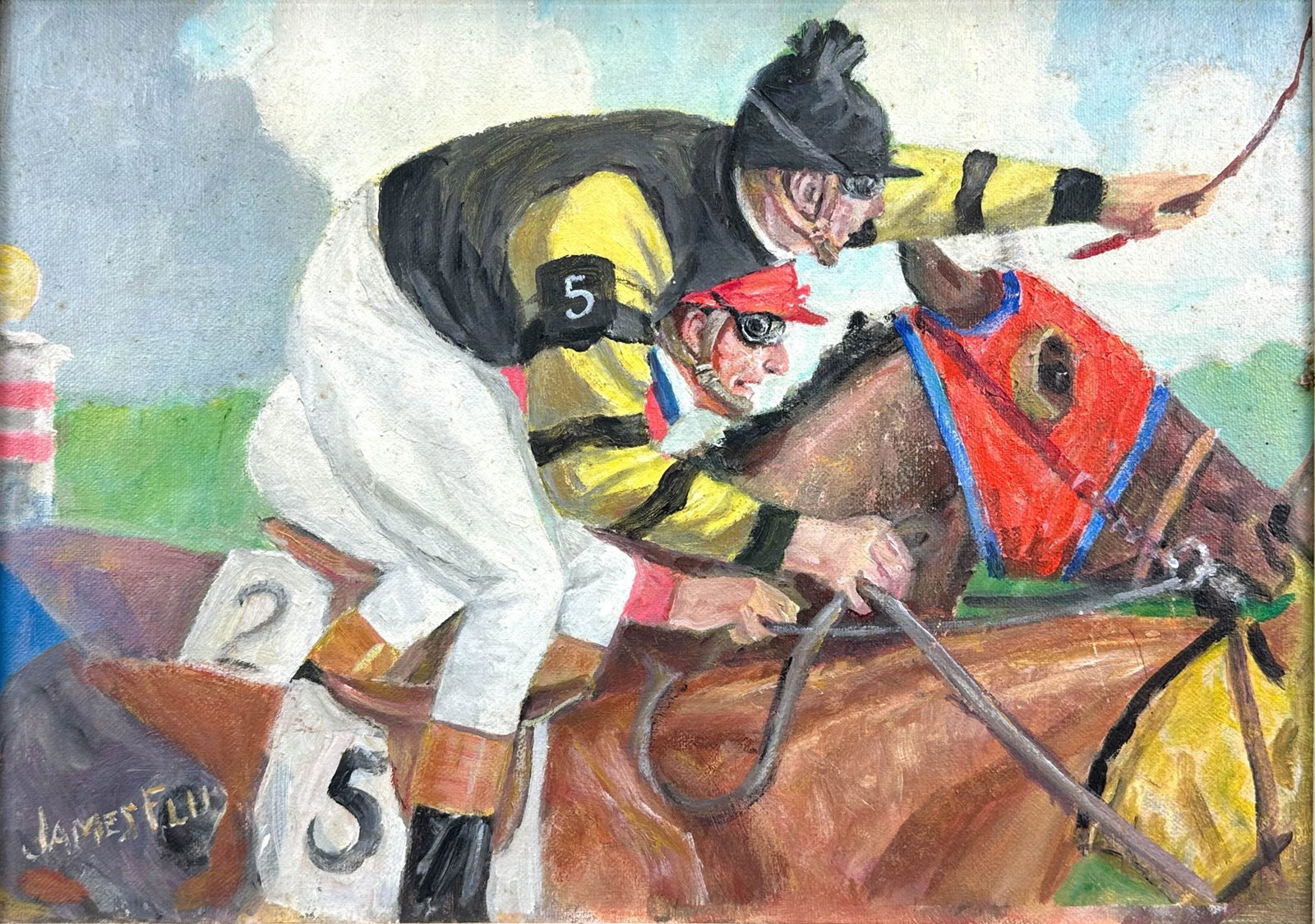 James Flux "Arcaro Coming Up on The Inside" Horse Race Original Framed Painting on Canvas: Ca. last half 20thC. Very good with no apparent holes, rips or repairs. H: 10" W: 14" We do not provide in-house shipping! We have a close relationship with our local UPS Store which offers a simple p