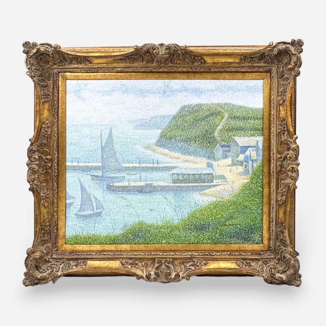 Large Artist Signed "Port-en-Bessin, Outer Harbor, High Tide"  Pointillism Seurat Copy Painting (1 of 7)
