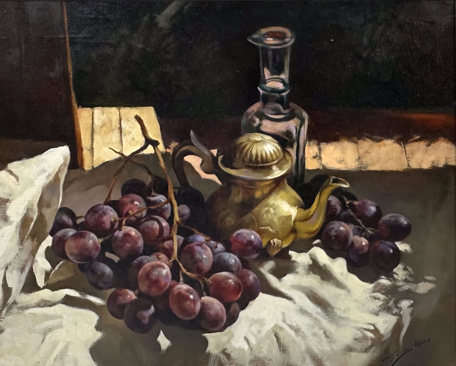 Fine Artist Signed Oil on Canvas Still Life w/Brass Teapot and Fruit Framed Painting: Ca. last half 20thC. Excellent condition with no rips, holes or repairs. Approx. sight size 15" x 19". We do not provide in-house shipping! We have a close relationship with our local UPS Store which 
