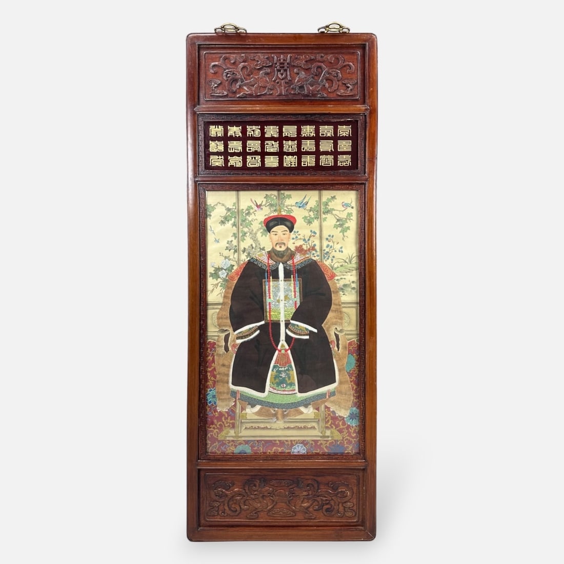 Chinese Ancestor Portrait in Carved Hard Wood Panel Large Framed Watercolor Painting (1 of 9)