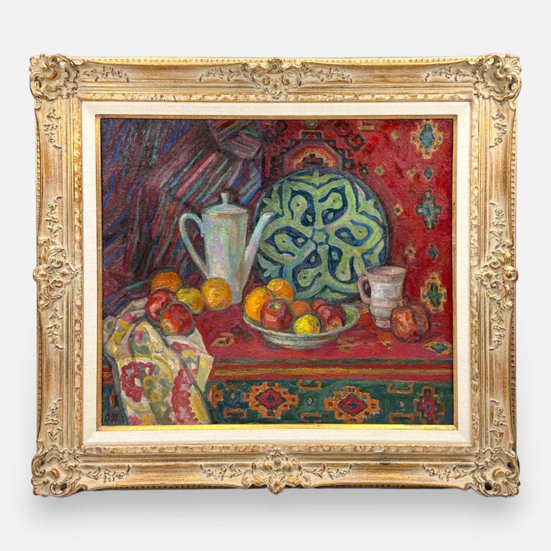 Large Artist Signed Russian Impasto Impressionist Still Life w/Fruit and Teapot Framed Oil on Canvas (1 of 8)