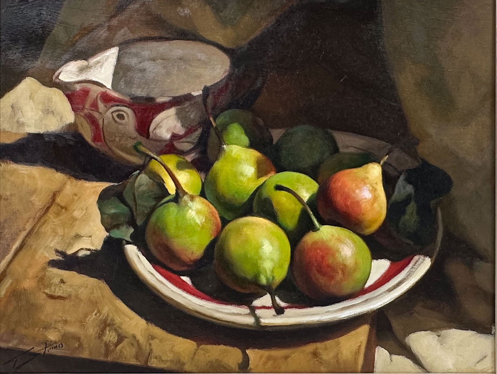 Fine Artist Signed Still Life w/Pears, Fruit and Bowls Framed Oil on Canvas Painting (1 of 5)