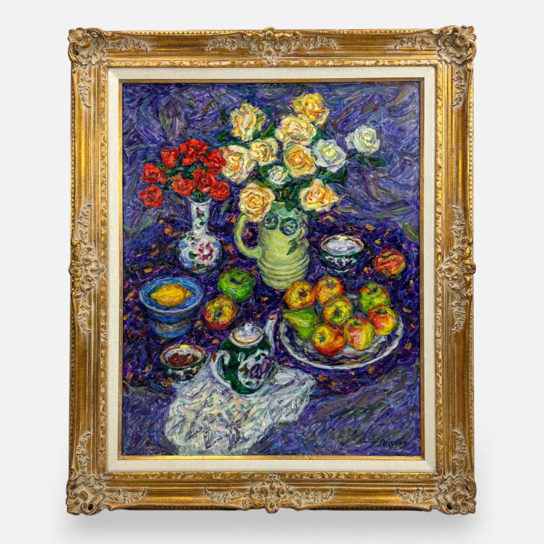 Large Artist Signed Russian Impressionist Still Life w/Fruit and Flowers in a Vase Framed Oil on (1 of 6)