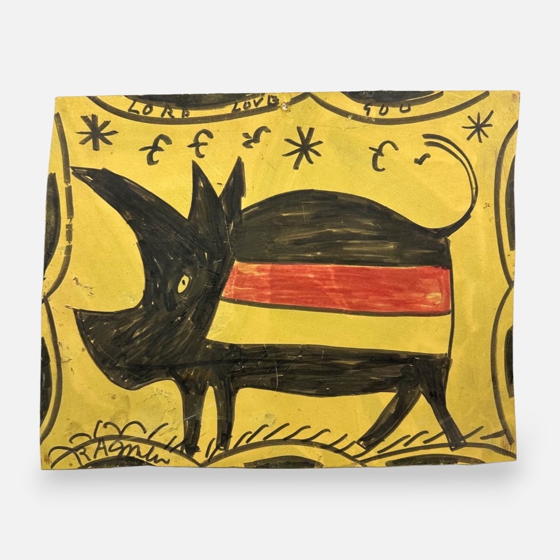 RA Miller Outsider Folk Art Mixed Media Drawing on Masonite Board Lord Love God Rhino (1 of 5)