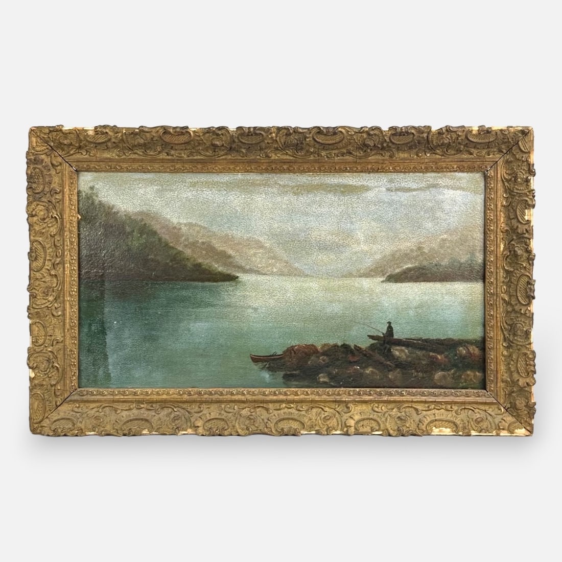 Antique 19thC Oil on Board American River Landscape Fisherman Framed Painting (1 of 7)