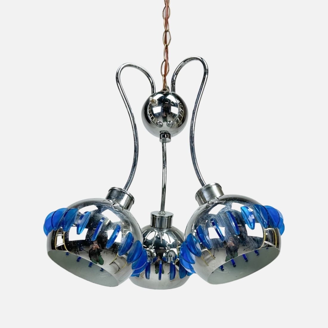 Vintage 1970s MCM Chrome Metal and Blue Lucite Hanging Three-Bulb Ceiling Fixture (1 of 9)