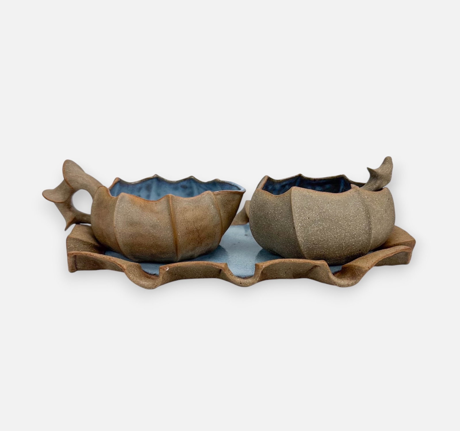 Barbara Walch Pinch Pottery Sugar Creamer Set: Cup measures approx. H: 2 3/4" W: 6" D: 4" Tray measures approx. H: 10" W: 6" We do not provide in-house shipping! We have a close relationship with our local UPS Store which offers a simple pack and 