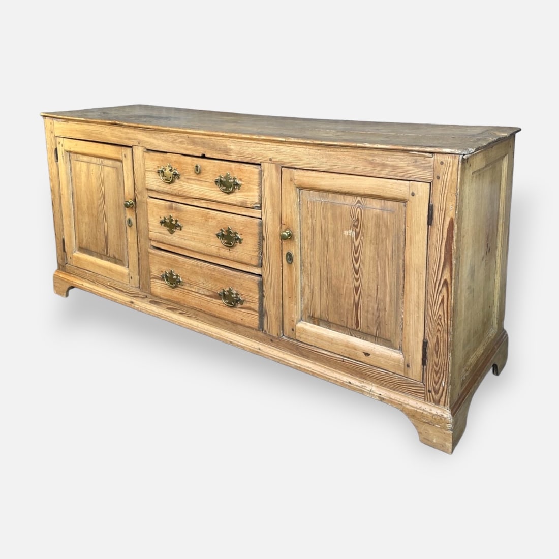 Antique 19thC Continental Pine Raised Panel Two Door Three Drawer Bracket Foot Credenza Sideboard (1 of 11)