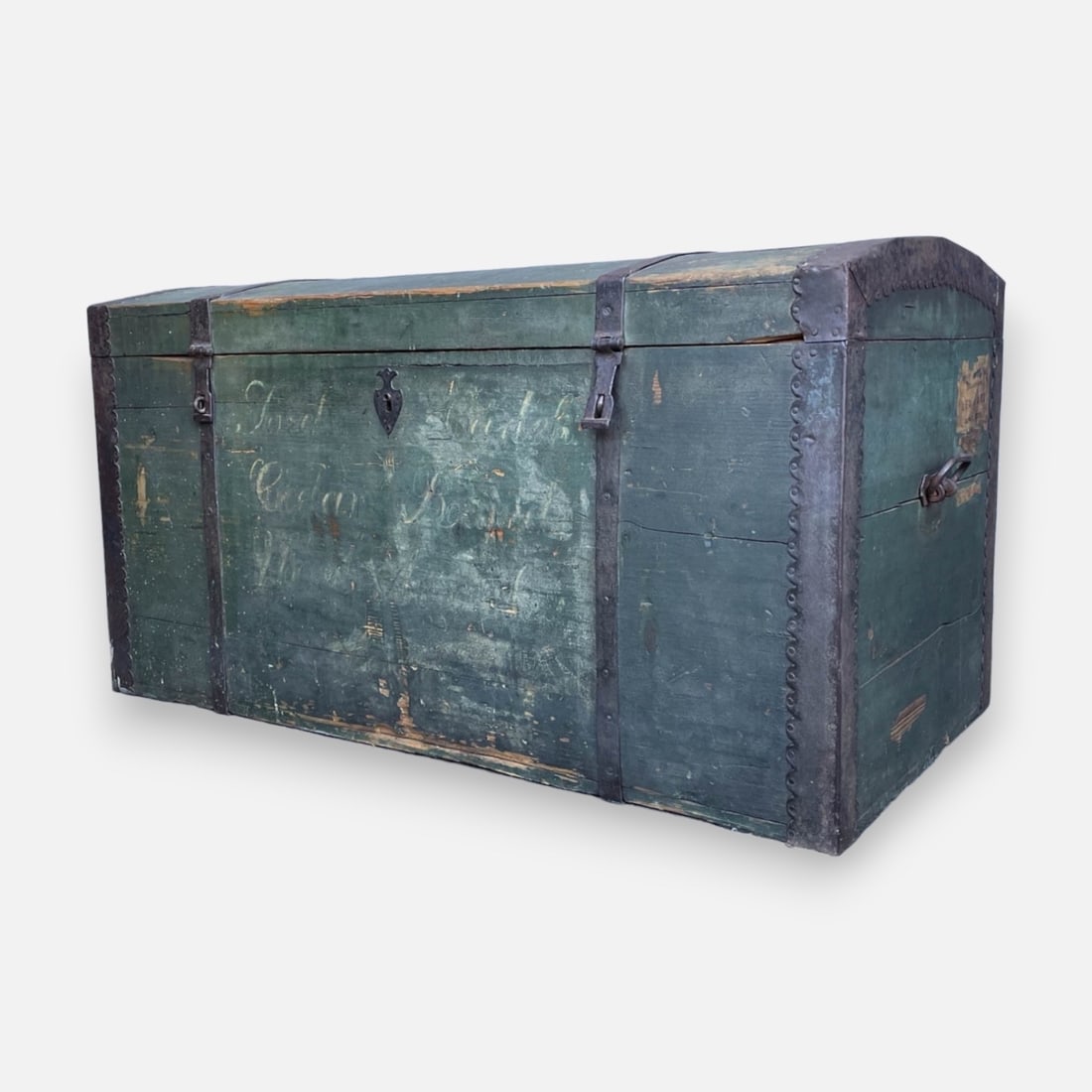 Lovely Antique American Dome Top Blanket Chest/Trunk w/Orig Forged Iron Hardware & Green Paint (1 of 9)