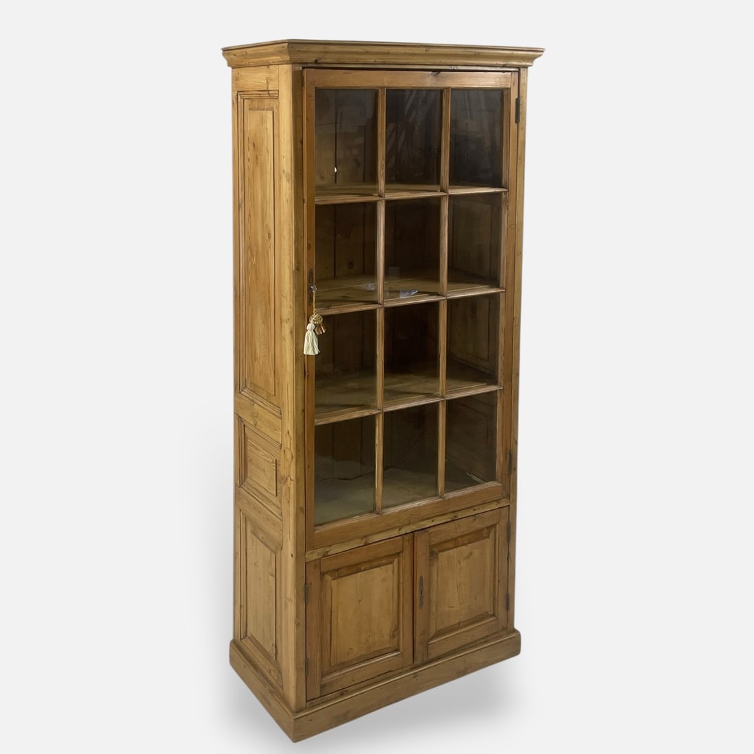 Antique Scrubbed Pine 12-Light Carved Wood Display Cabinet One-Door Raised Panels (1 of 11)