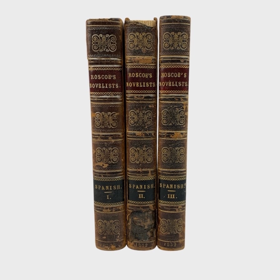 The Spanish Novelists by Thomas Roscoe - 3 Vols. - 1832 Antique Books: Pub. by Richard Bentley, London. Full set. All volumes in overall good age appropriate condition with minor damage to spines and page edges. Please enlarge all photos for details. We do not provide in
