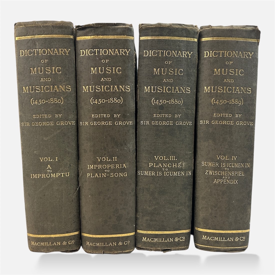 1879 A Dictionary of Music and Musicians, By Eminent Writers, Edited by George Grove, Published by: Includes four chronological volumes, each in fair condition for age, minor damage to spines, pages, edges and corners from age and use. Books are in good readable condition see photos for details We d