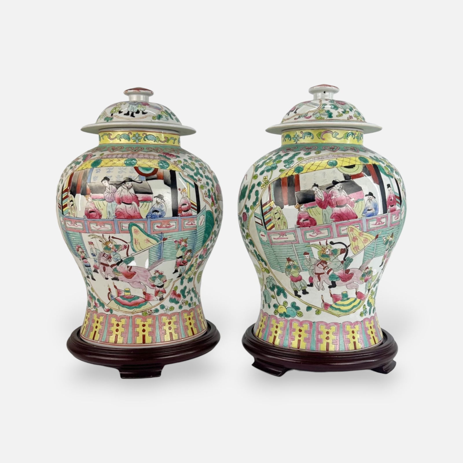 Pair Chinese Export Famille Rose Lidded Ginger Jar Porcelain Pots on Wood Stands (1 of 13)