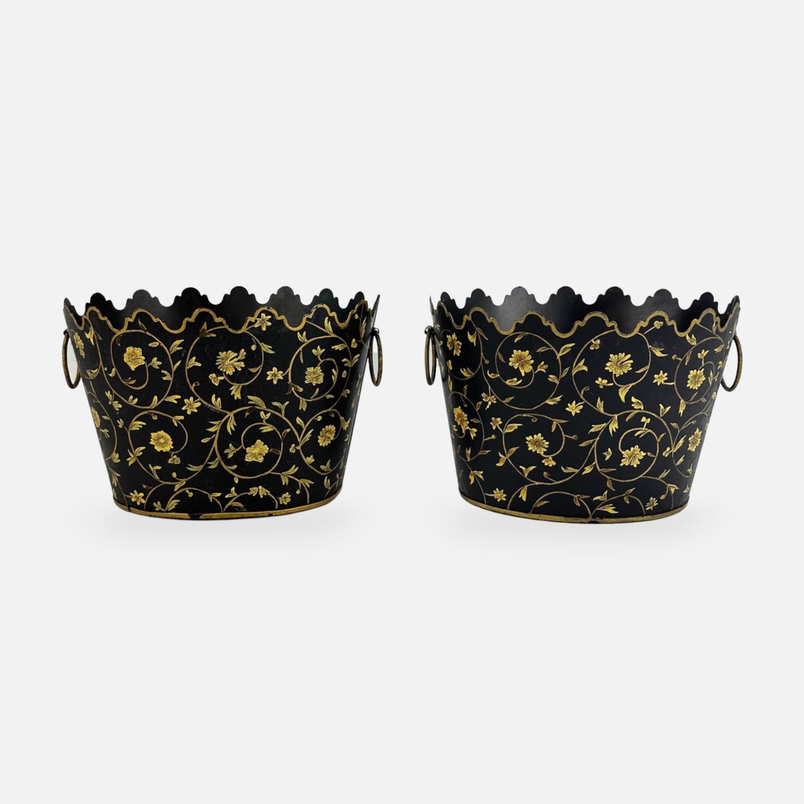 Pair French 20thC Hand Painted Gilt Gold Toleware Cache Pots w/Ring Handles (1 of 6)