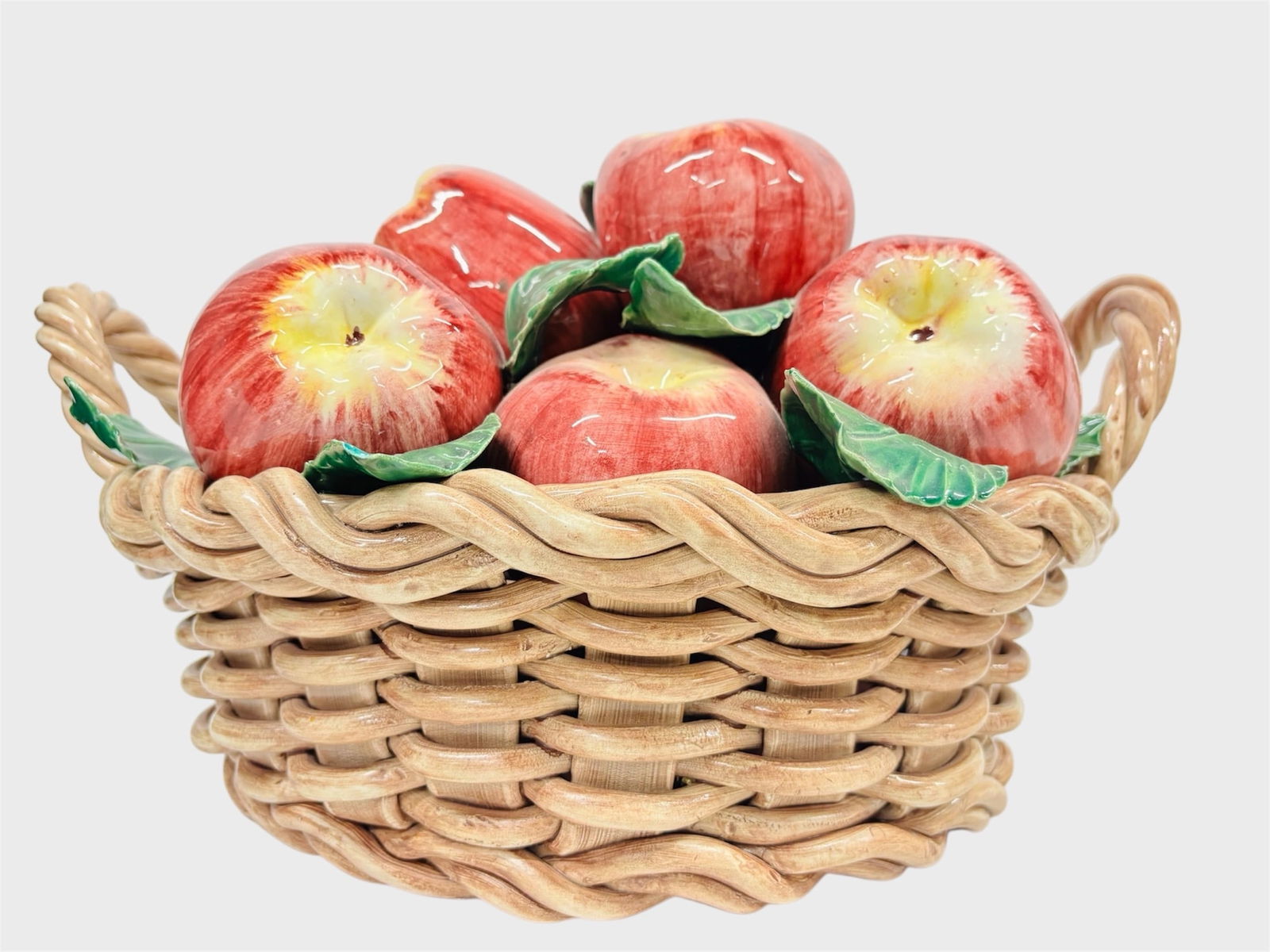 Large Italian Glazed Pottery Basket of Apples Fruit Bowl w/Handles (1 of 6)