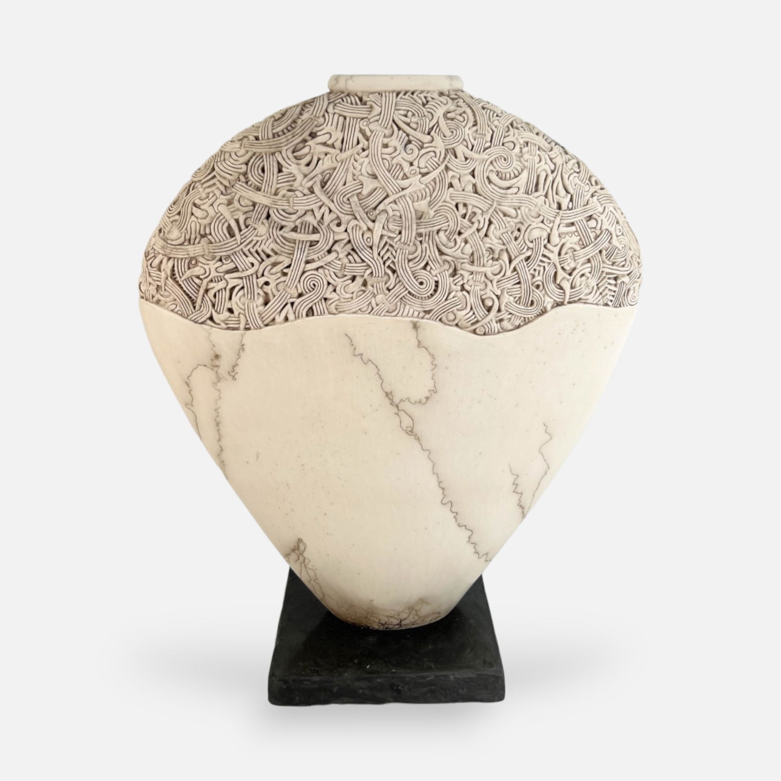 Jeff Margolin Intricately Carved Large Ceramic Vase w/Horse Hair Accents (1 of 6)