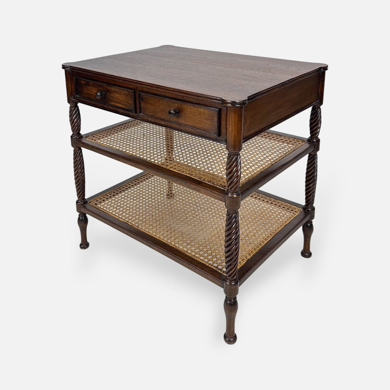 British Colonial Style Turned Wood & Rattan Two-Drawer Two-Shelf Table Stand (1 of 14)