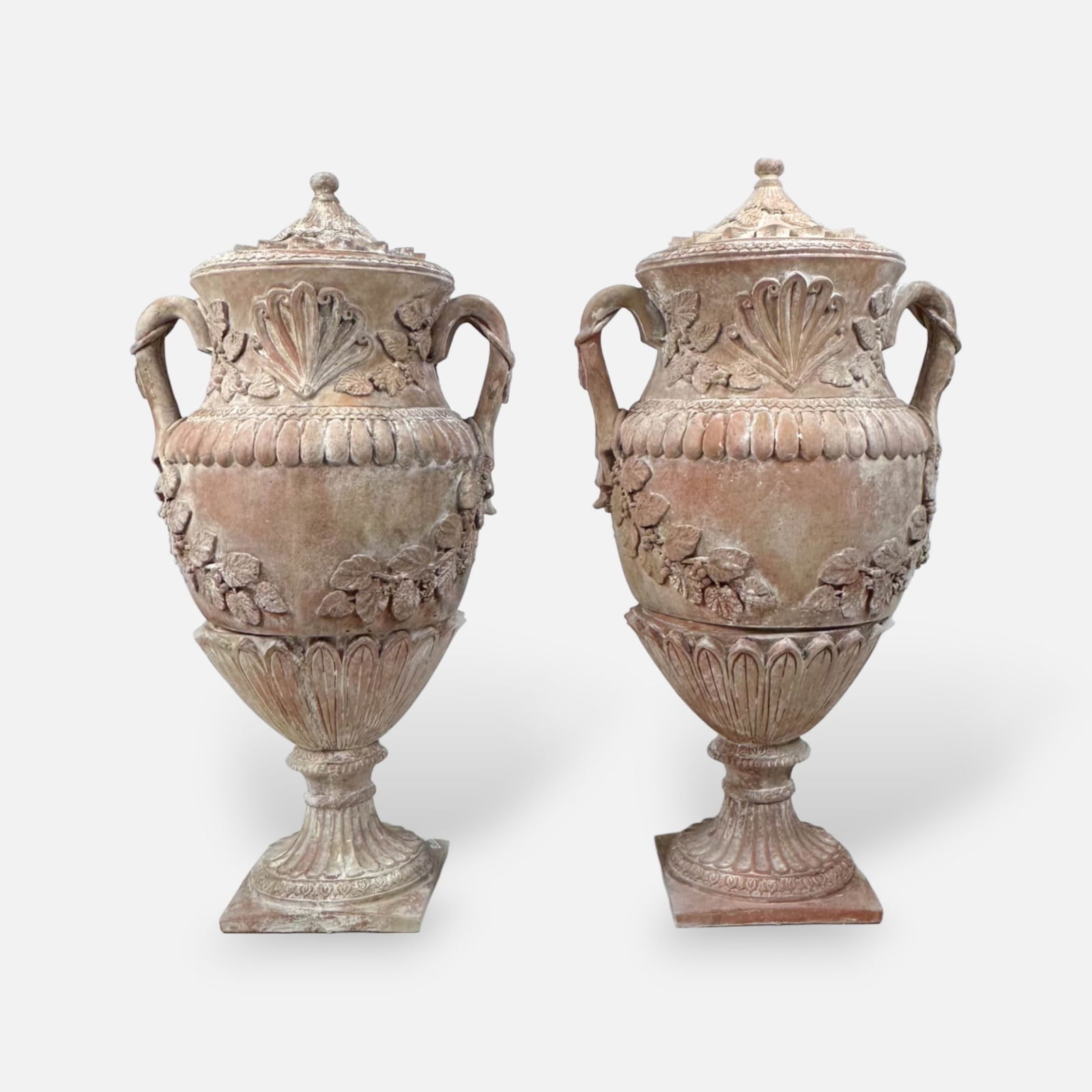 Pair Large Two-Handled Terracotta Pottery Lidded Classical Garden Urns w/Garlands (1 of 10)