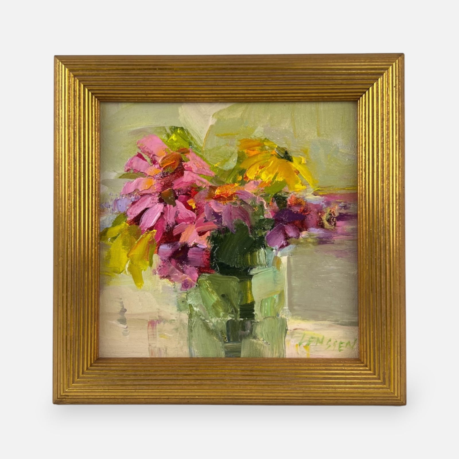 Georganna Lenssen "Fresh Picked" Impressionist Bouquet Still Life Oil on Canvas Painting Framed: Signed "Lenssen" lower right in green. Good sight condition, unexamined out of frame. Approx. sight size 7 1/2' x 7 1/2". We do not provide in-house shipping! We have a partnership with our local UPS