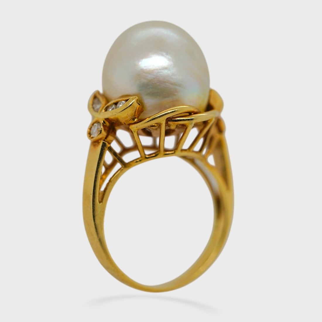 Fine 18K Yellow Gold 14mm Natural Pearl & Diamond Cocktail Ring Sz 6 (1 of 5)