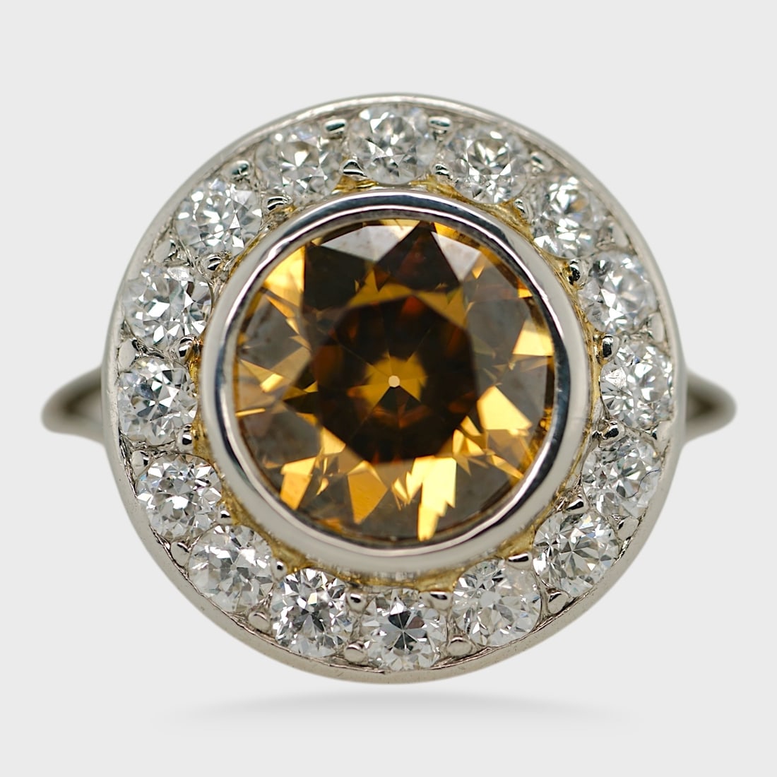 Fancy Deep Yellow Brown Round Cut Diamond & Platinum Art Deco Ring 2.72 Carats Size 6 (1 of 4)