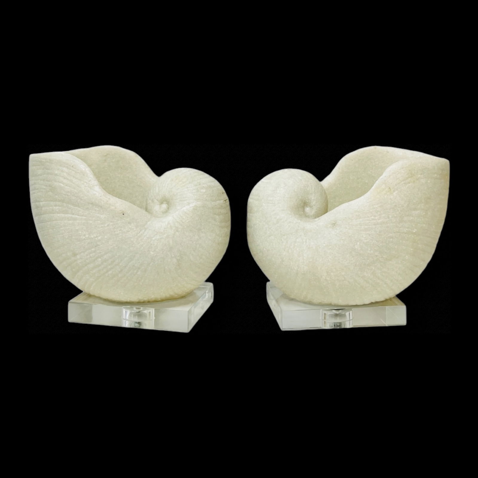Pair Decorative Carved White Marble Nautilus Stone Sea Shells On Lucite Bases (1 of 6)