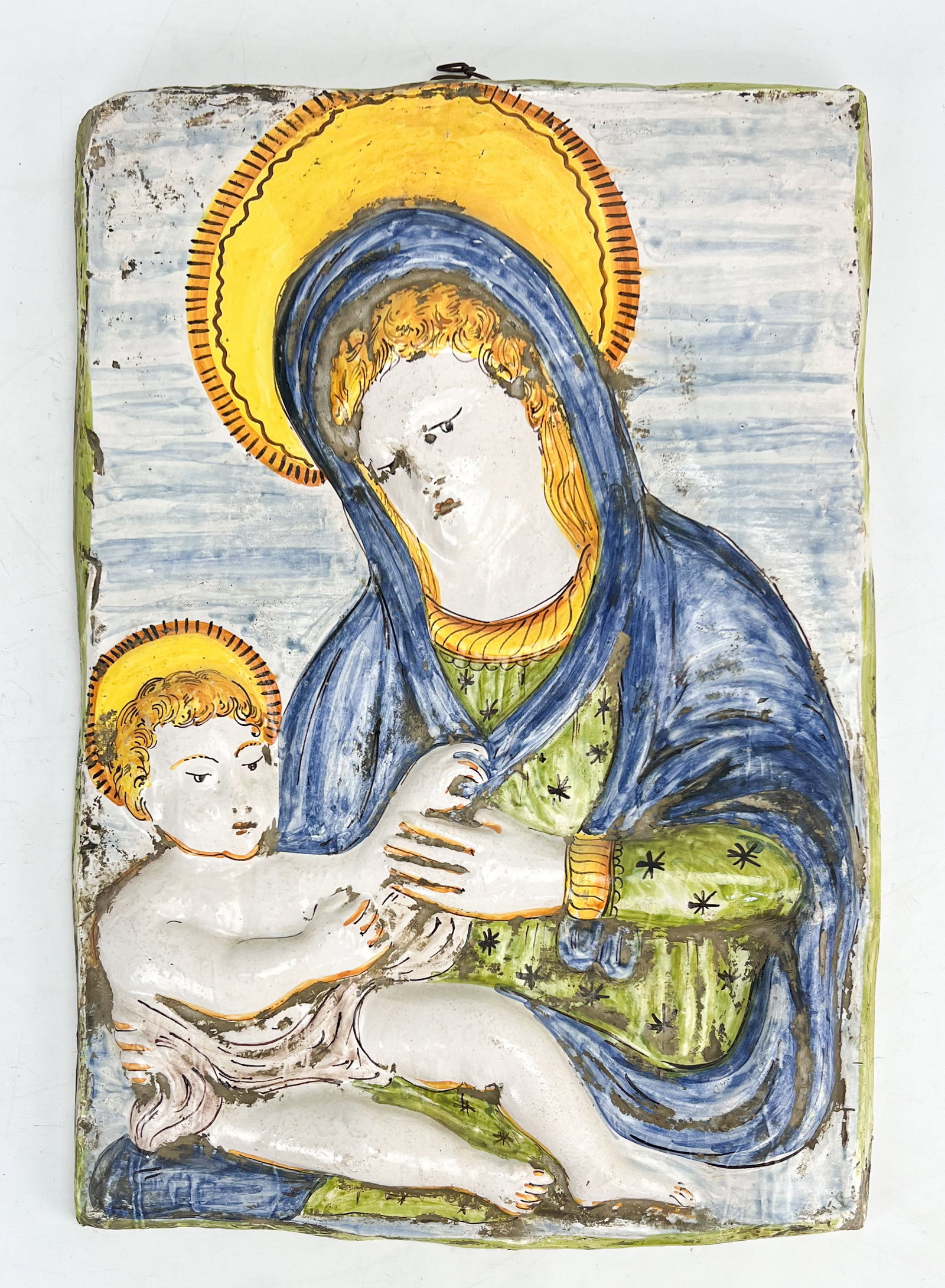 Large Italian Polychrome Painted Madonna and Child Ceramic Wall Plaque (1 of 7)