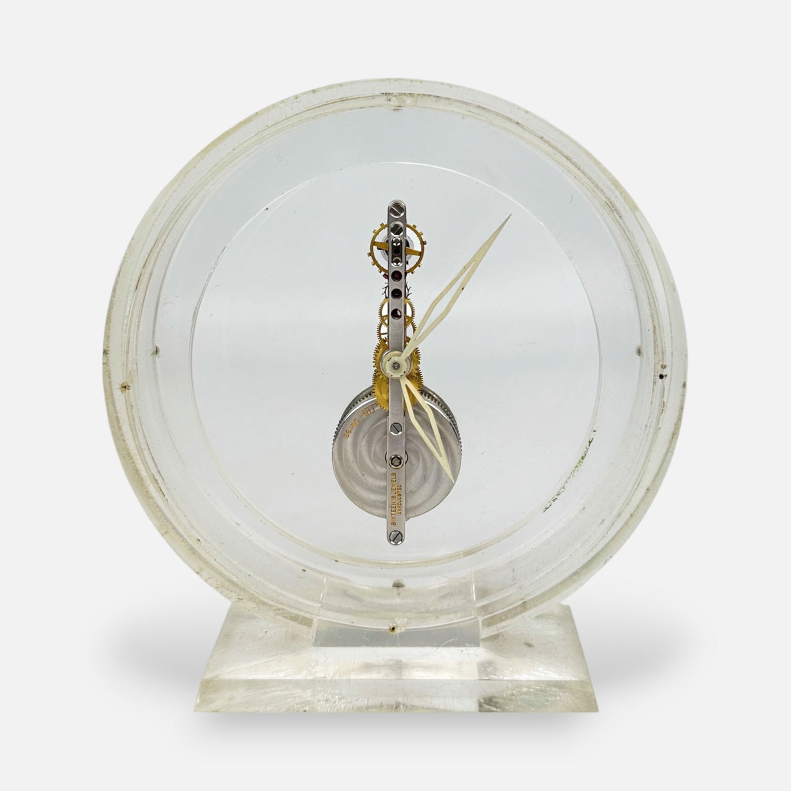 LeCoultre Art Deco Clear Lucite Skeleton Table Clock Mechanical Wind Baguette Calibre 210 (1 of 6)