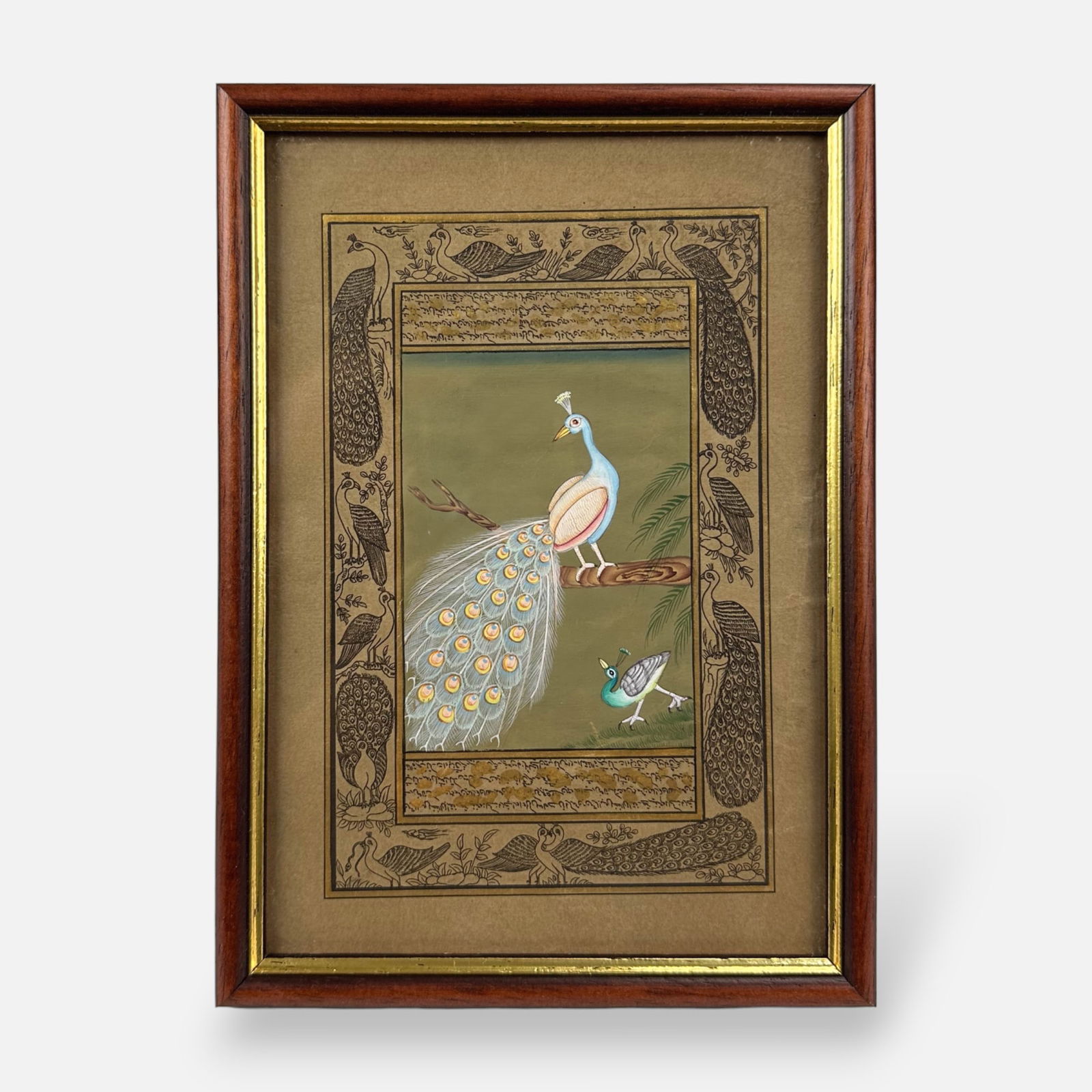Original Indian Mughal Miniature Peafowl Painting w/Gold Foil Framed (1 of 3)
