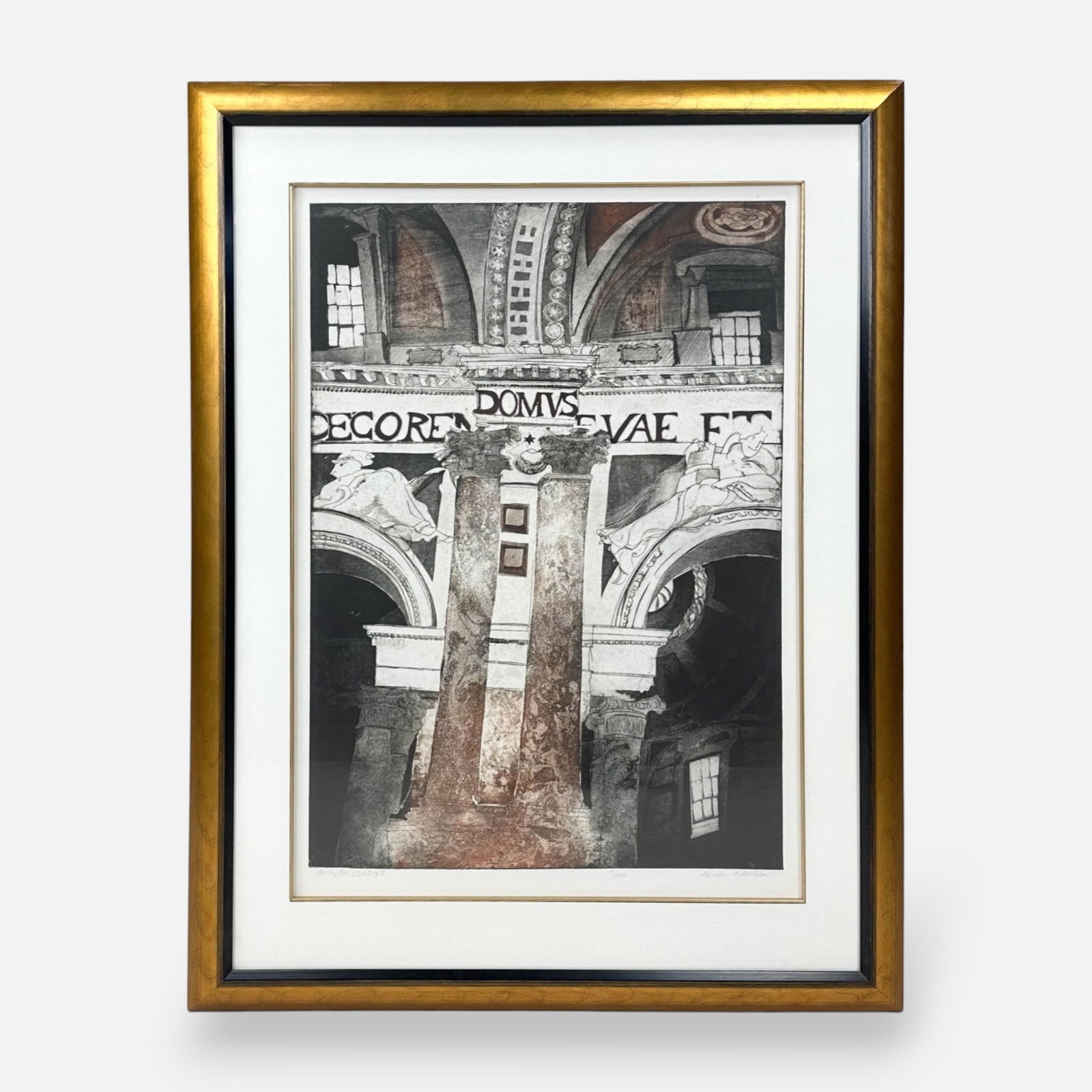 Alison Neville "The Brompton Oratory I" Etching Framed Print: Pencil signed, titled, and numbered #12/100 below image. Framed, matted, and sealed under plexi. Very good sight condition as shown. Unexamined out of frame. Approx. image size 28 3/4" x 20 1/2". We d