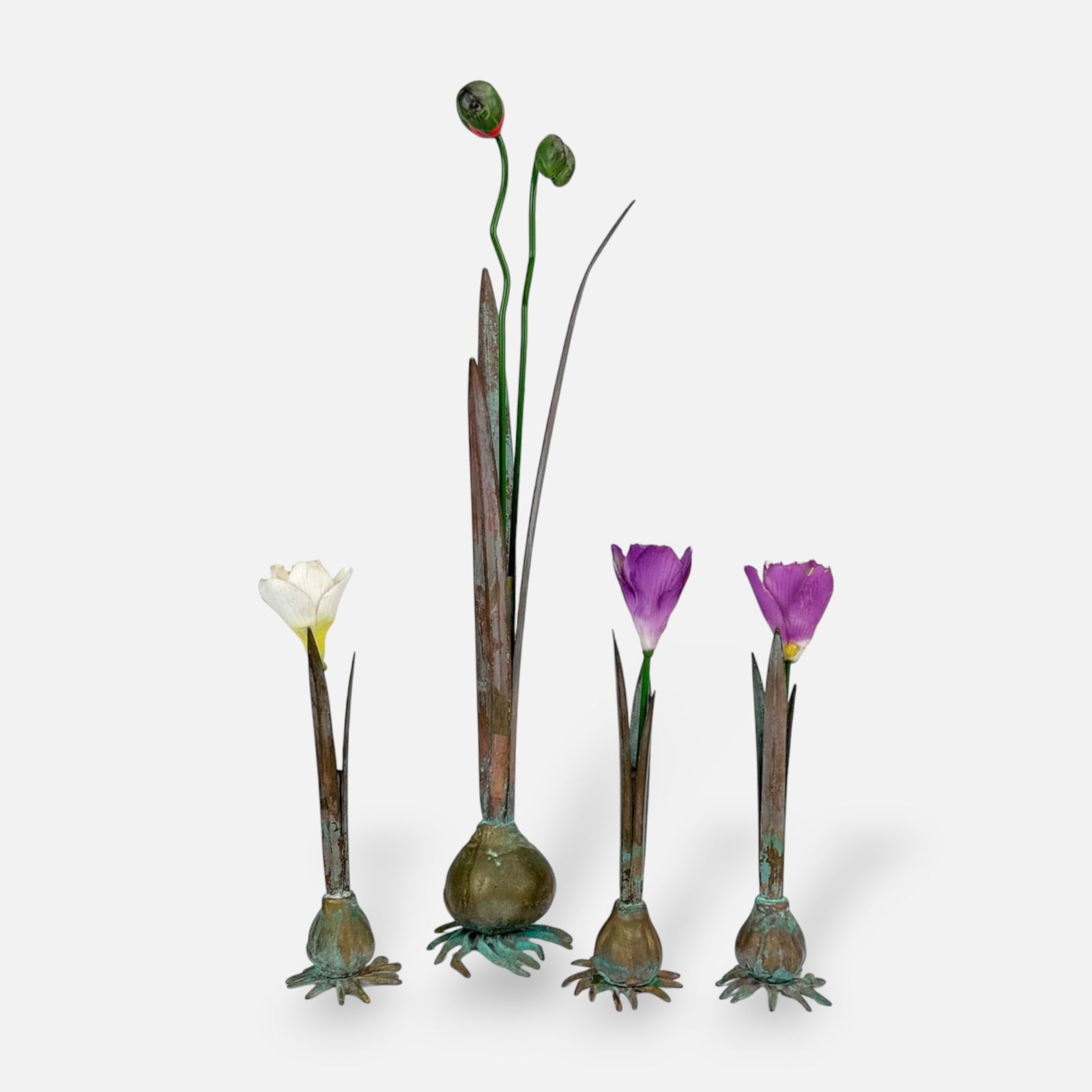 20thC Copper, Bronze, and Brass Painted Porcelain Botanical Flower Sculptures w/Bulb Root Bases: Ca. second half 20thC. All are good without breaks or repairs. Measurements stated below reflect the largest 14" tall item. We do not provide in-house shipping! We have a partnership with our local UP