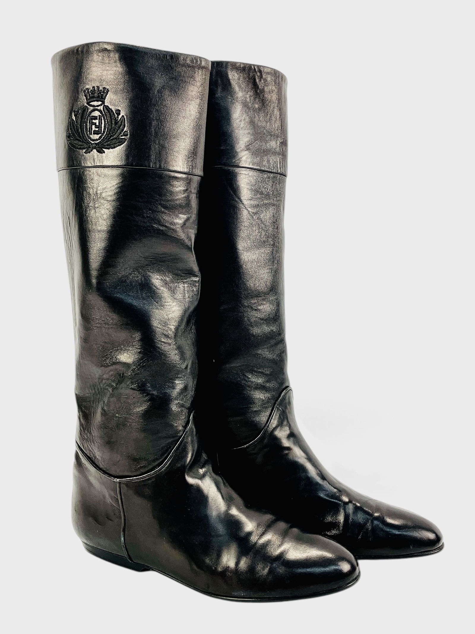 Fendi Black Leather Knee High Boots With Embossed Crest  In Original Box Size 8 (1 of 7)