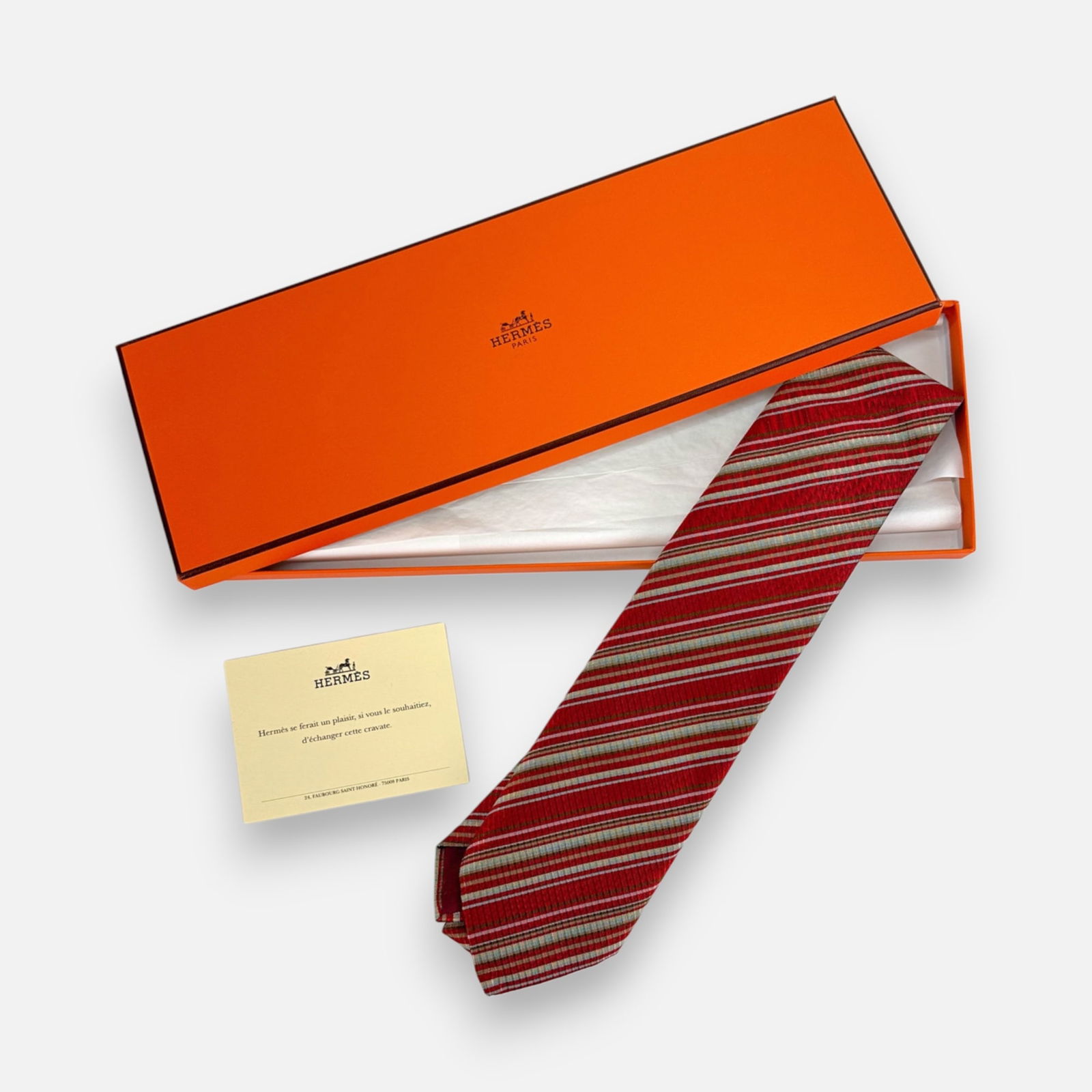 Hermes Paris Mens Silk Striped Tie w/Box: Very good condition as shown. We do not provide in-house shipping! We have a partnership with our local UPS Store which offers a simple pack and ship process, please see contact information below: Don