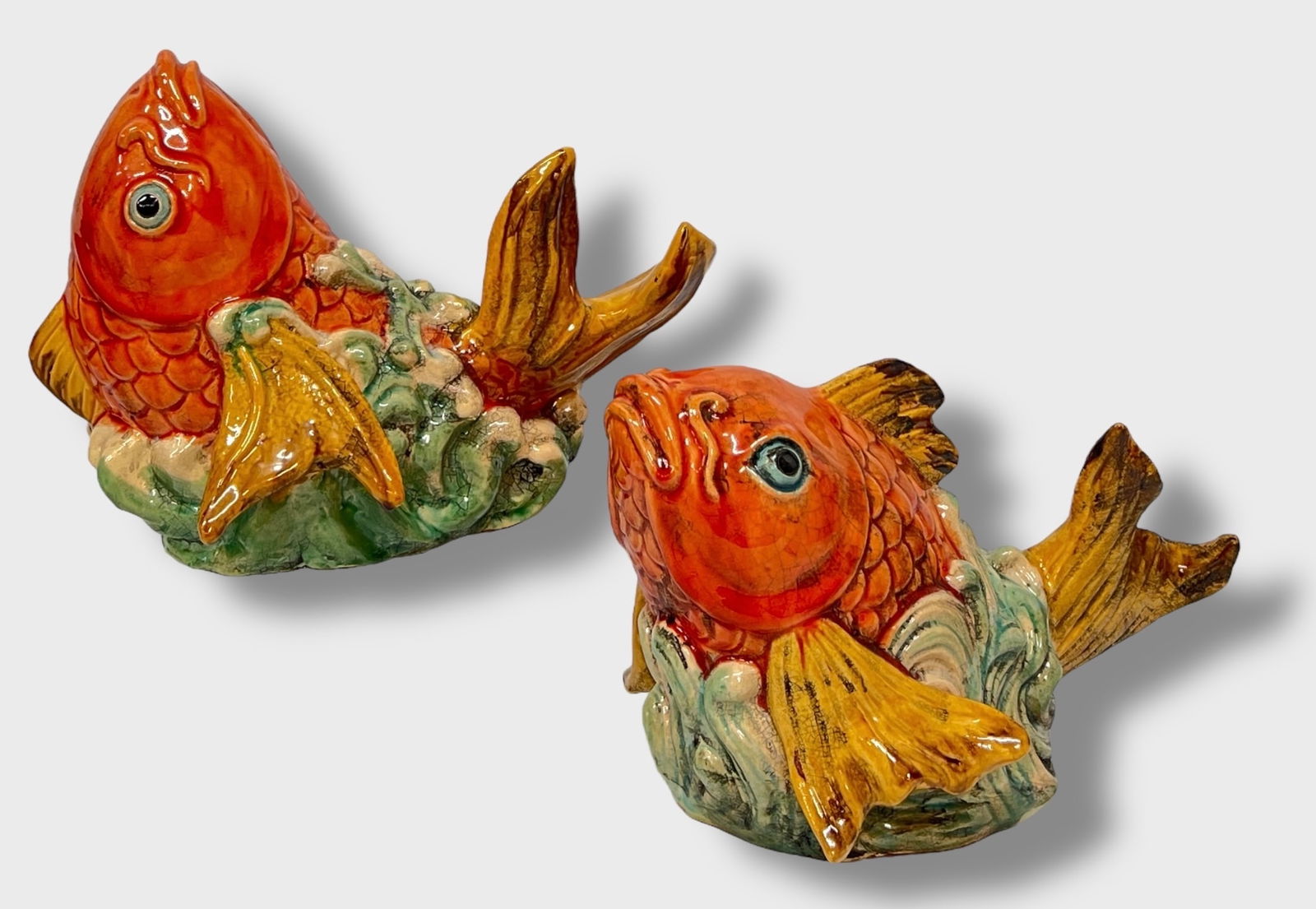Vintage Chinese Ceramic Koi Fish Sculpture Glazed Terra Cotta Signed Pottery Figurine Pair (1 of 6)