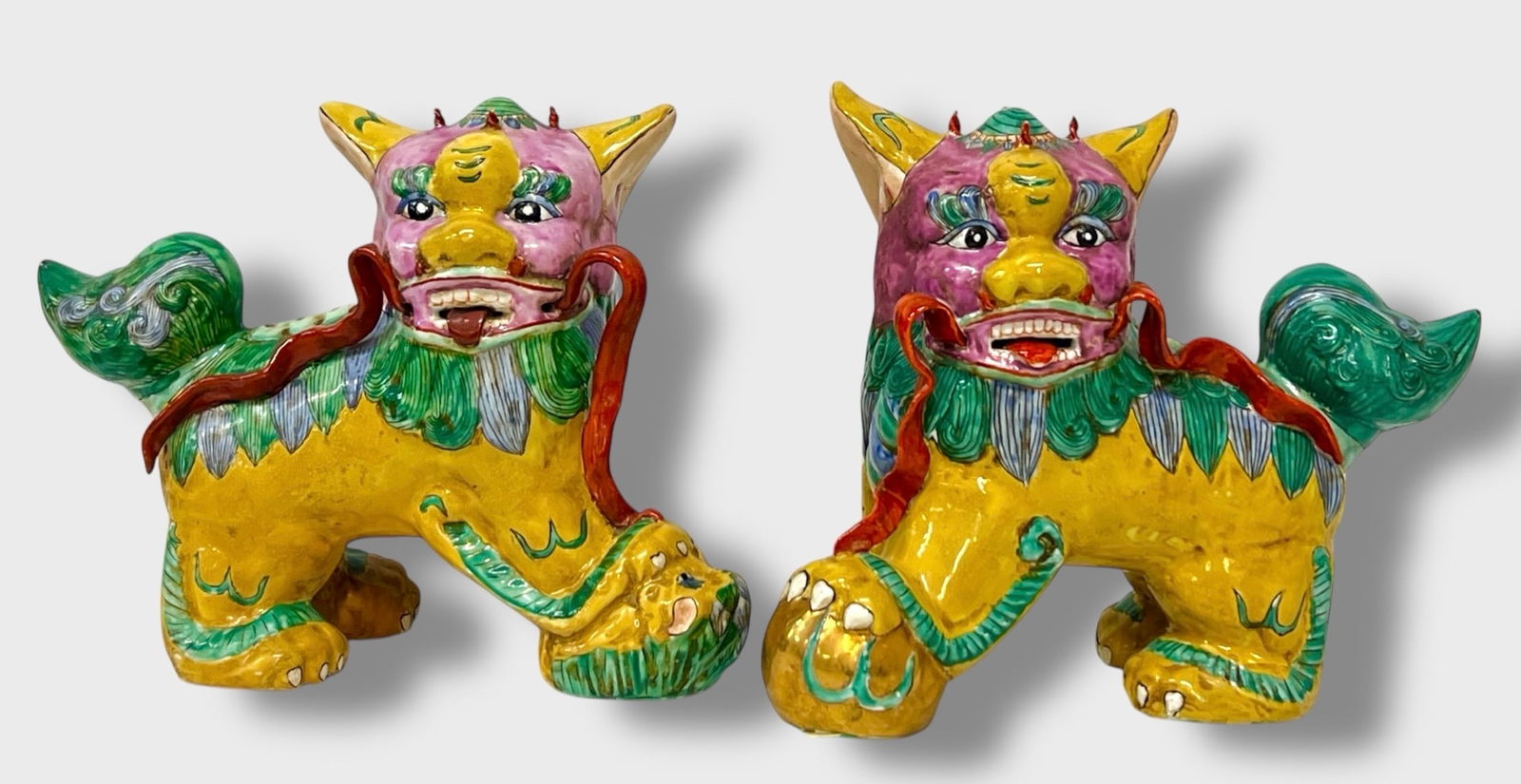 Pair Chinese Glazed Enamel Koji Stoneware Art Pottery Foo Dogs Guardians (1 of 6)