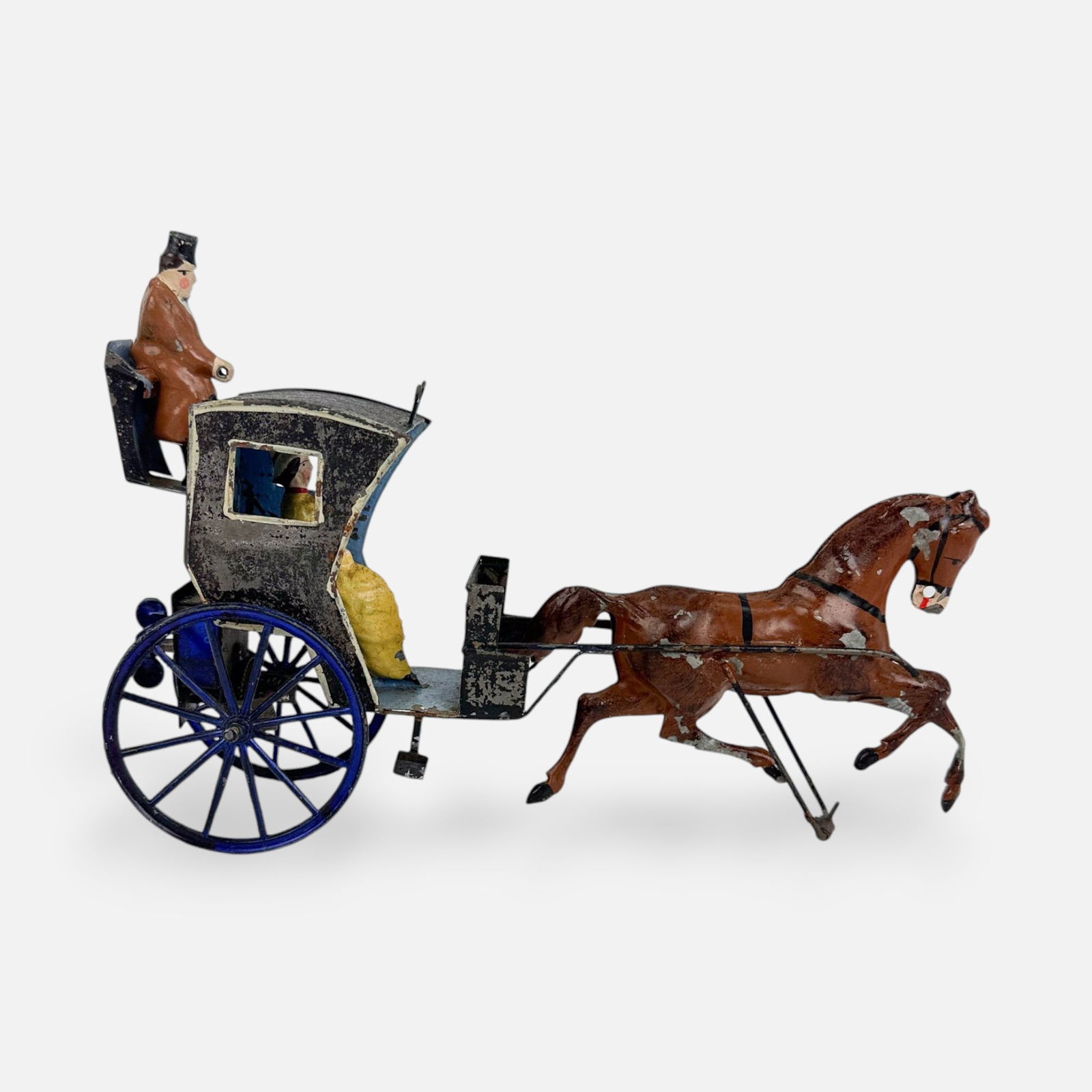 Antique German Painted Tin Wind-Up Toy Horse Drawn Carriage Hansom Wagon (1 of 12)
