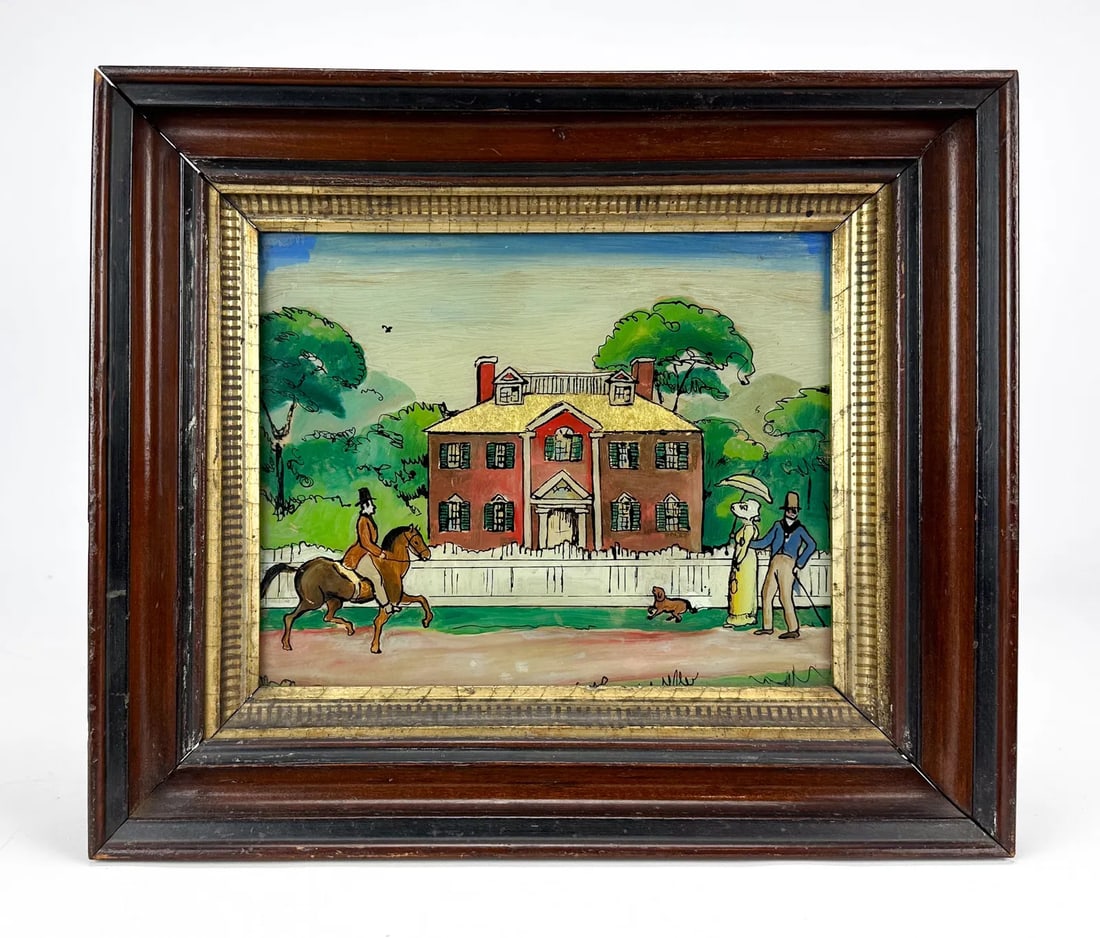 Antique 19thC Reverse Painting on Glass Colonial House Landscape Framed Picture (1 of 4)