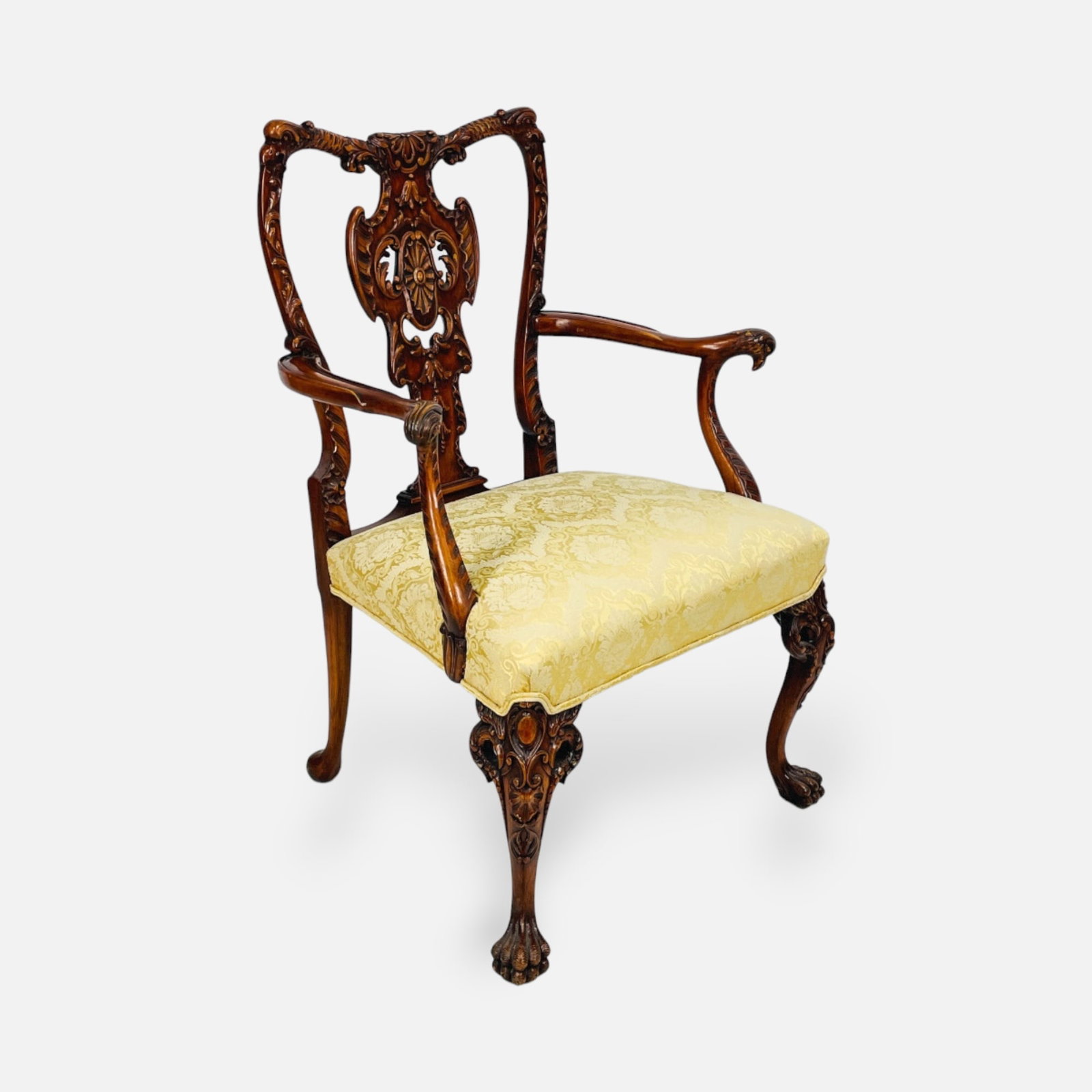Antique Heavily Carved Walnut Chippendale Upholstered Arm Chair w/Eagle Head Armrests (1 of 10)