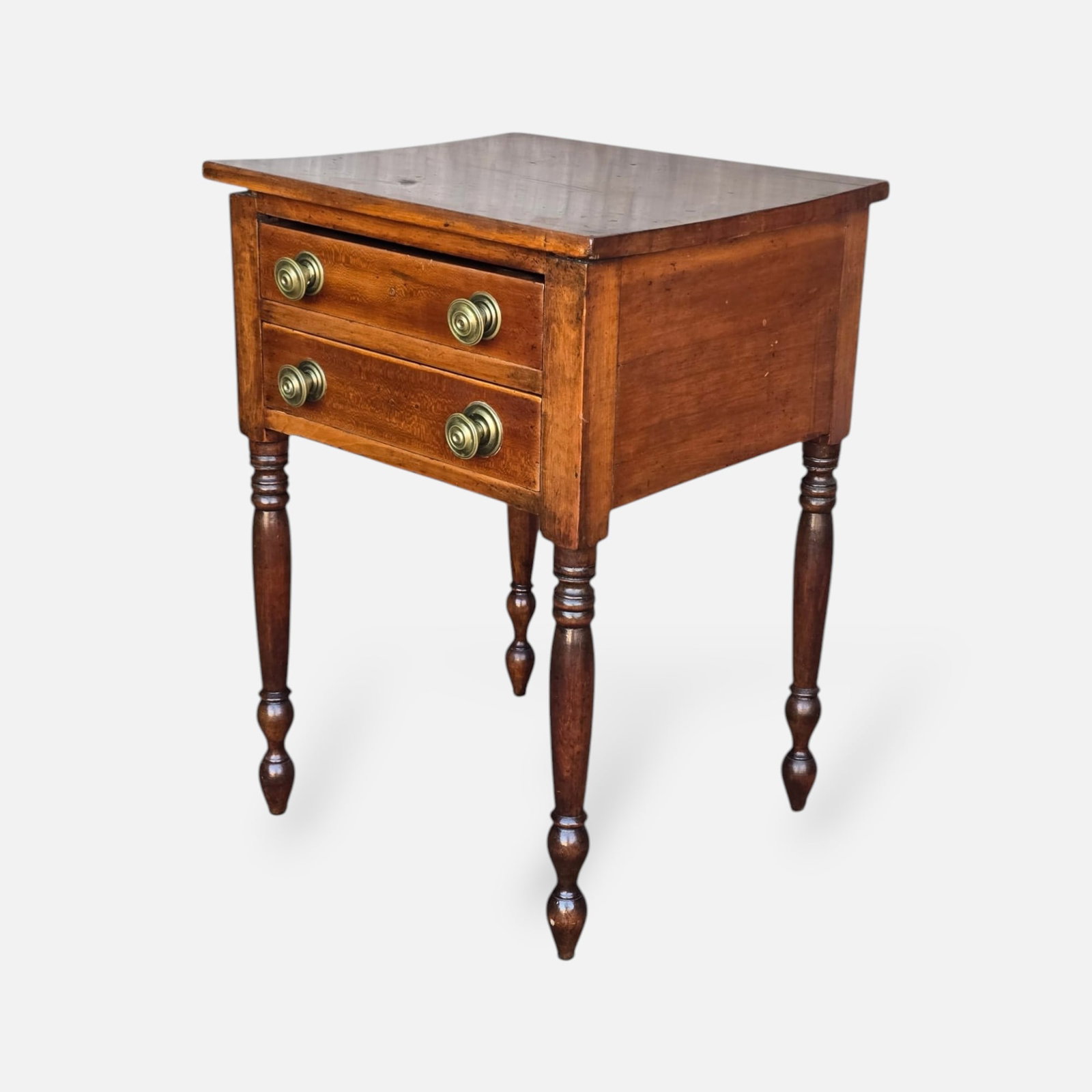 Antique 19thC American Stained Pine Two-Drawer Work Stand Side Table w/Sausage Turned Legs (1 of 5)