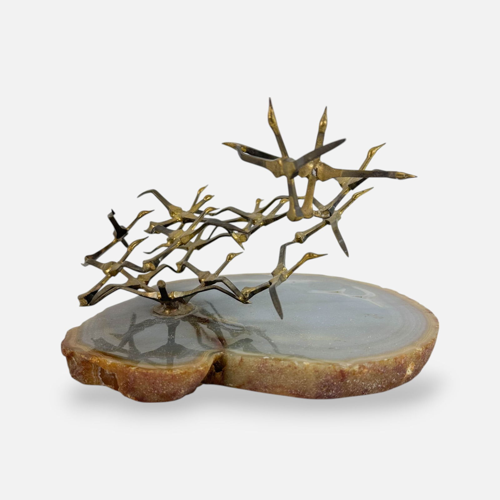 Curtis Jere Style Brass Birds in Flight Sculpture on Polished Stone Base: Very good as shown, will look great with a proper polish. We do not provide in-house shipping! We have a partnership with our local UPS Store which offers a simple pack and ship process, please see co
