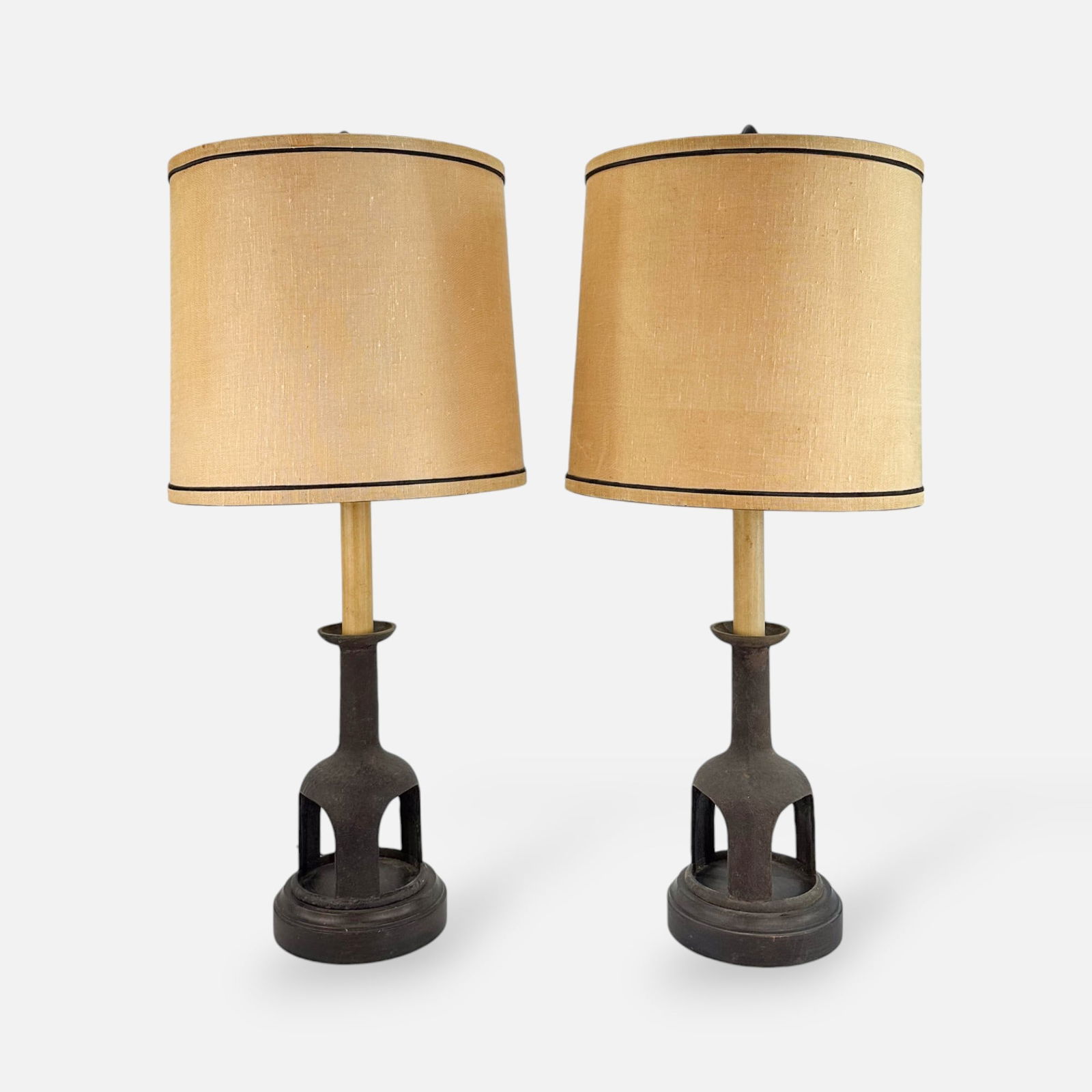 Pair Wrought Iron Brutalist MCM Table Lamps w/Shades (1 of 7)