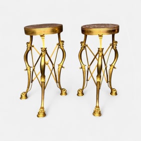 Pair Antique Bright Gilt Brass & Rouge Marble Gueridon Tables w/Lion Paw Feet & Head Decoration